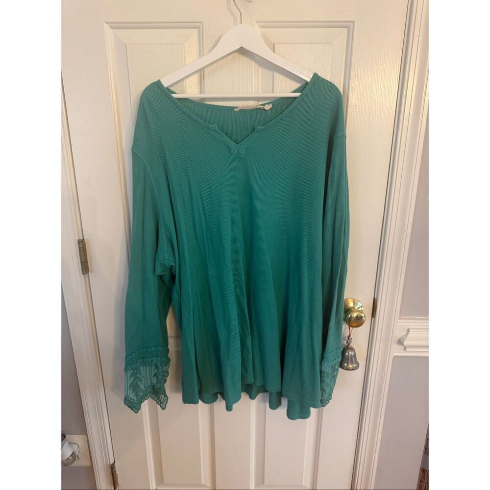 Soft Surroundings Teal Green Waffle Knit Lace Cuff Henley Top sz 3X EUC